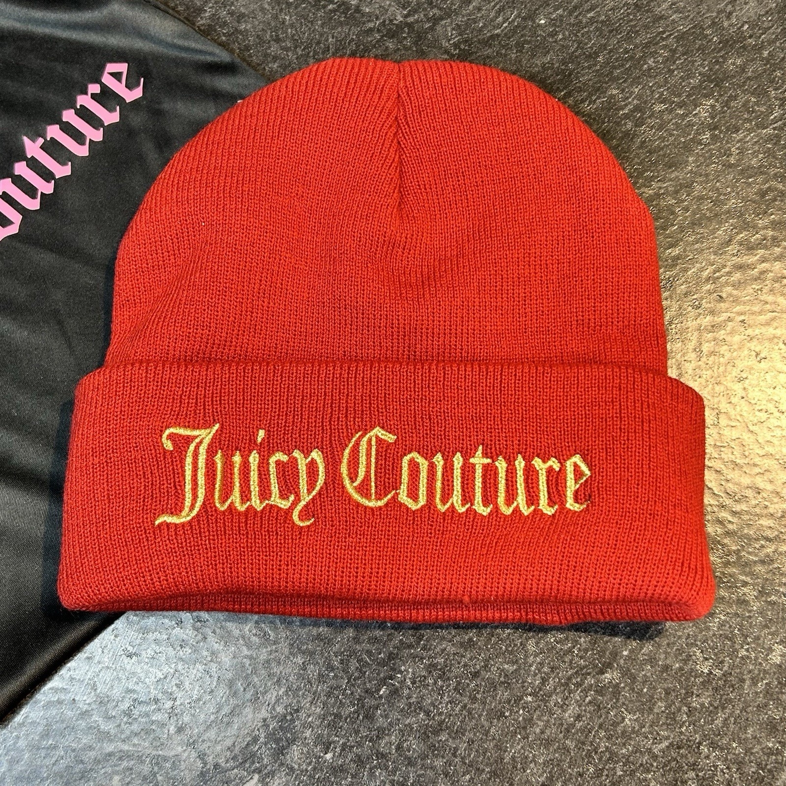 Juicy Couture Red Knit Yes Oui Can Embroidered Beanie Hat With Dust Bag